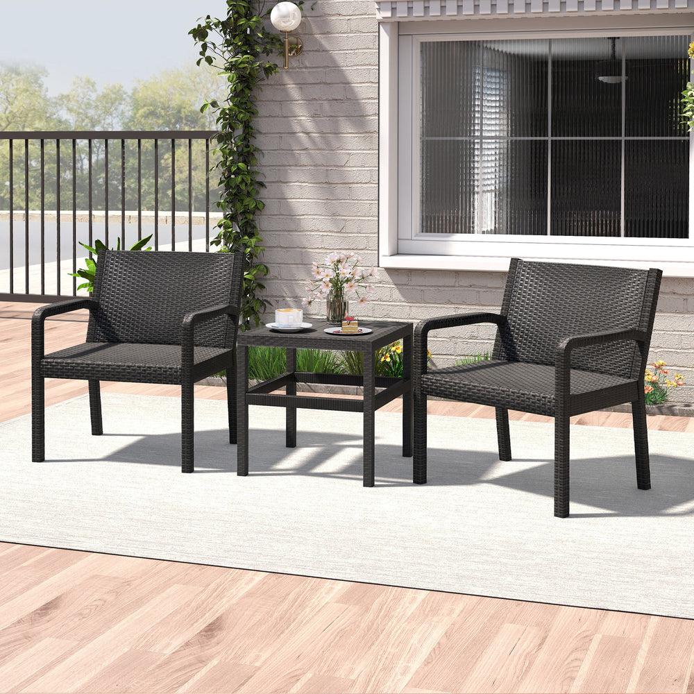 Modern 3-piece patio furniture set featuring 2 black rattan armchairs and a 25-inch square side table for outdoor use.