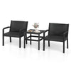 Two black rattan armchairs with a square side table, perfect for outdoor patio use, offering comfort and style.