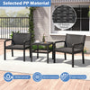 3-piece patio furniture set featuring two black rattan armchairs and a 25-inch square side table for outdoor relaxation.