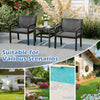 Two modern black rattan armchairs with a 25-inch side table, perfect for patio, garden, or poolside relaxation.