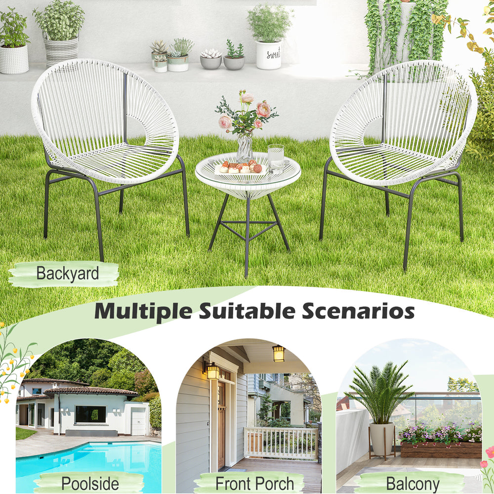 White 3-piece Acapulco patio bistro set with glass table, ideal for backyard, poolside, or balcony relaxation.