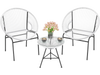 Two white Acapulco chairs and a glass table in a patio set, perfect for outdoor relaxation and gatherings.