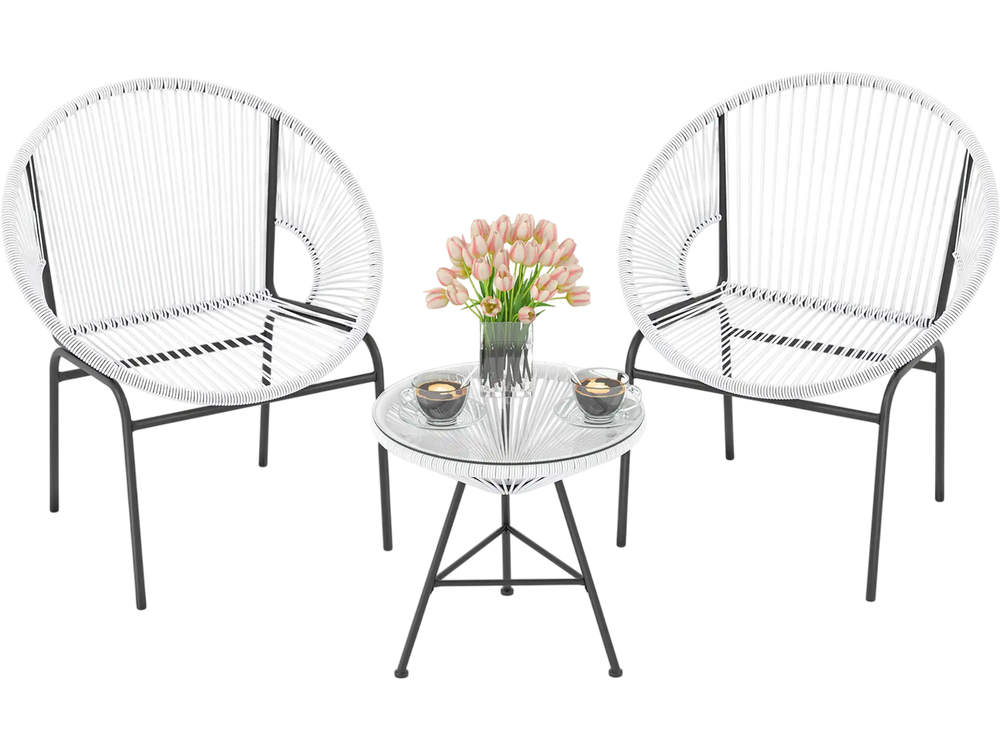 Two white Acapulco chairs and a glass table in a patio set, perfect for outdoor relaxation and gatherings.