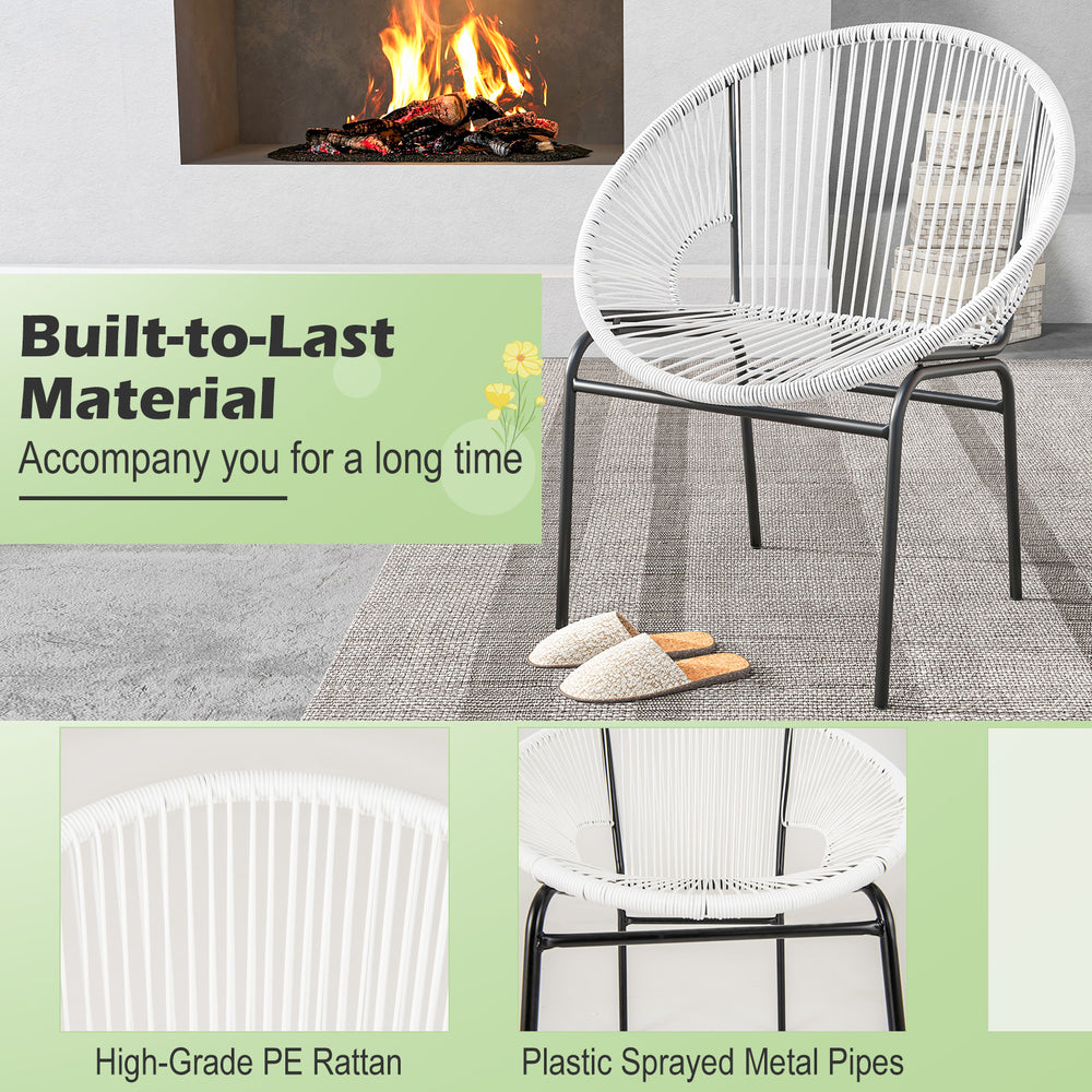 White Acapulco chair with high-grade PE rattan and sturdy metal pipes, perfect for outdoor patio relaxation.