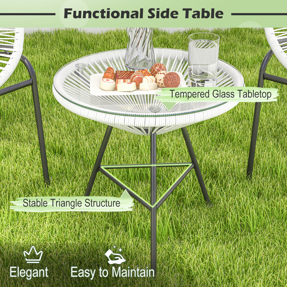 White Acapulco side table with tempered glass tabletop, featuring a stable triangle structure for outdoor use.