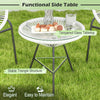White Acapulco side table with tempered glass tabletop, featuring a stable triangle structure for outdoor use.