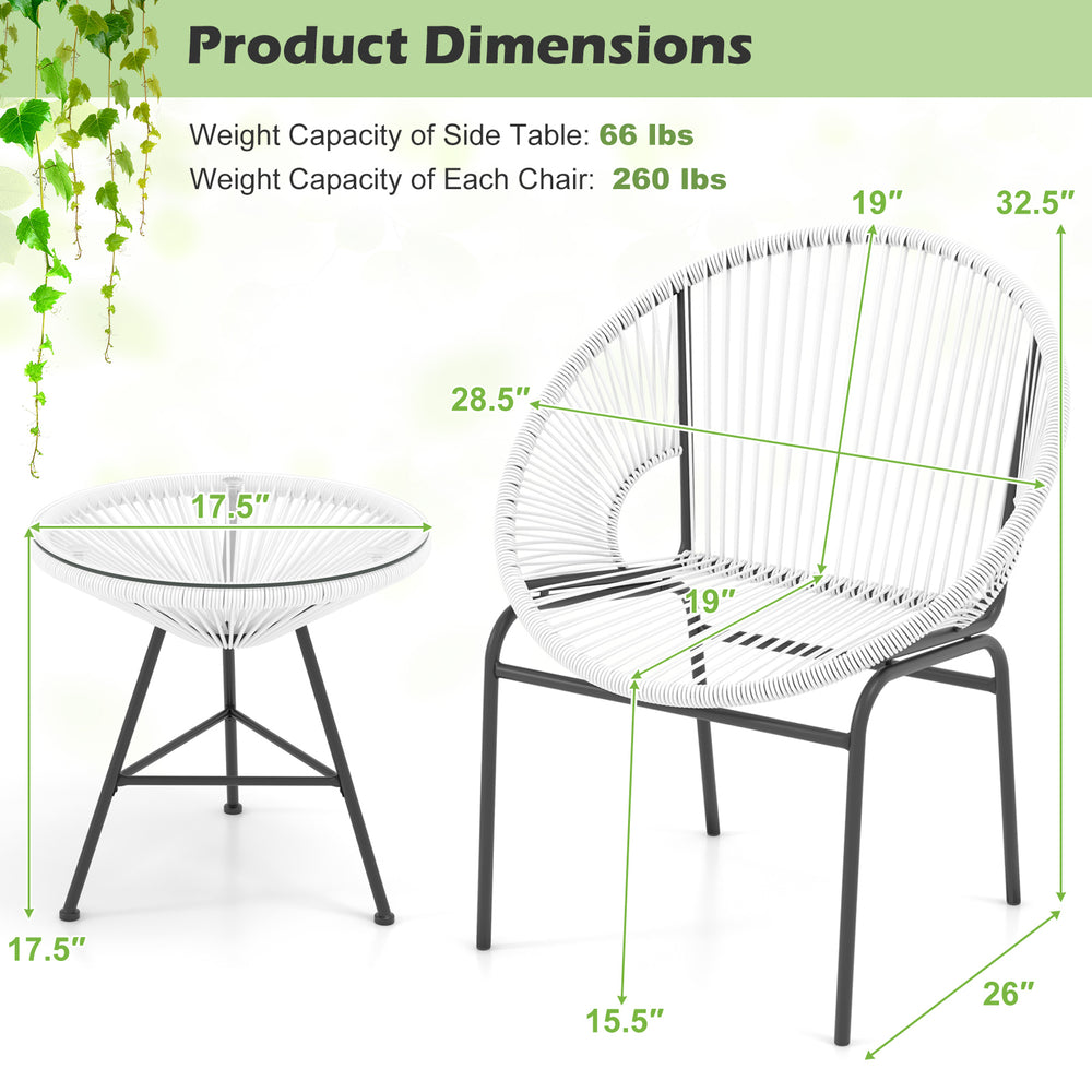 Dimensions of the 3-piece patio Acapulco bistro set with white chairs and glass table, ideal for outdoor use.