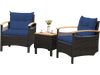 Two navy cushioned patio chairs with a brown rattan finish and acacia wood table, ideal for outdoor relaxation.