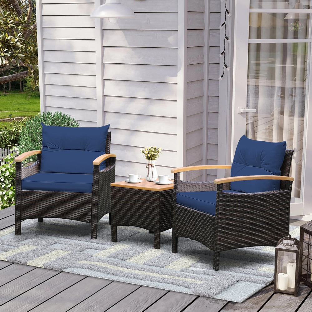 3 Pieces Patio Rattan Furniture Set with Removable Cushion-Navy - Gallery View 1 of 10