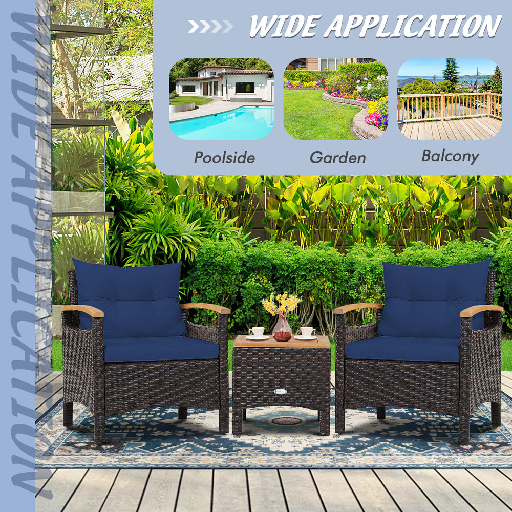 Patio rattan furniture set with navy cushions, featuring a durable steel frame, ideal for poolside or garden use.