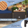 Practical side table with acacia wood tabletop and durable PE rattan, featuring non-slip foot pads for outdoor use.