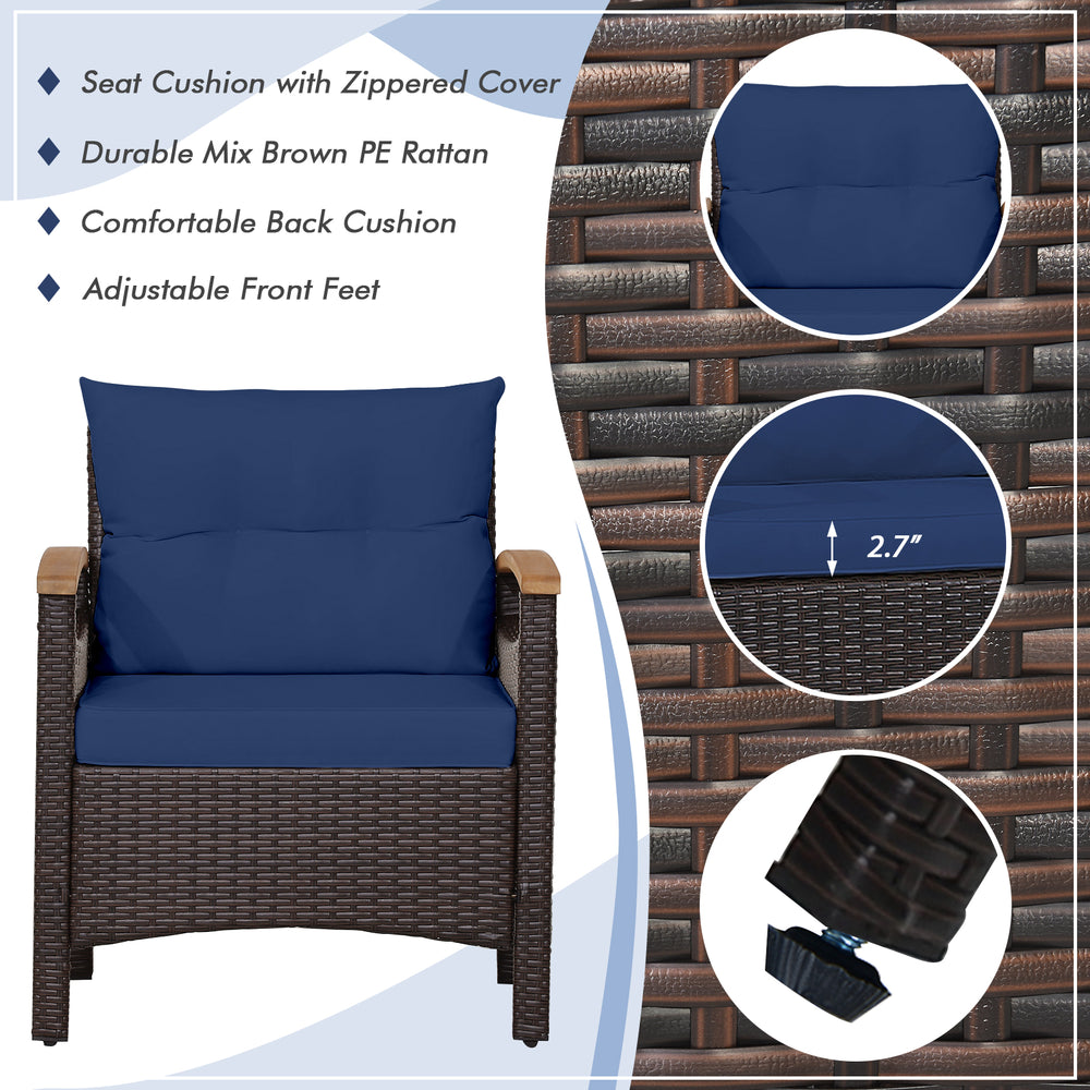 Single patio chair with navy cushion, durable mix brown PE rattan, adjustable front feet for outdoor comfort.