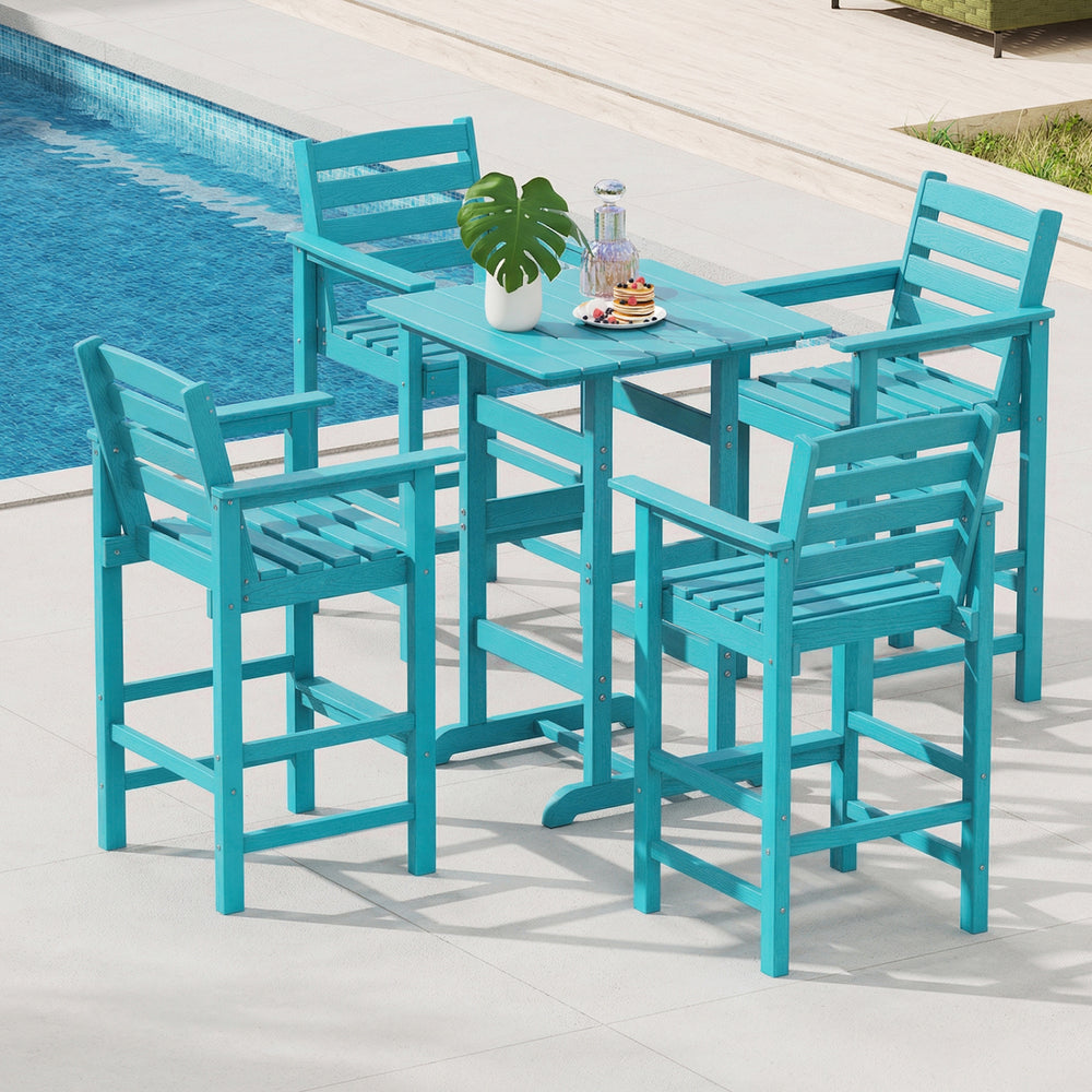 Turquoise HDPE bar chair featuring a slatted seat and wide armrests, perfect for comfortable outdoor seating by the.