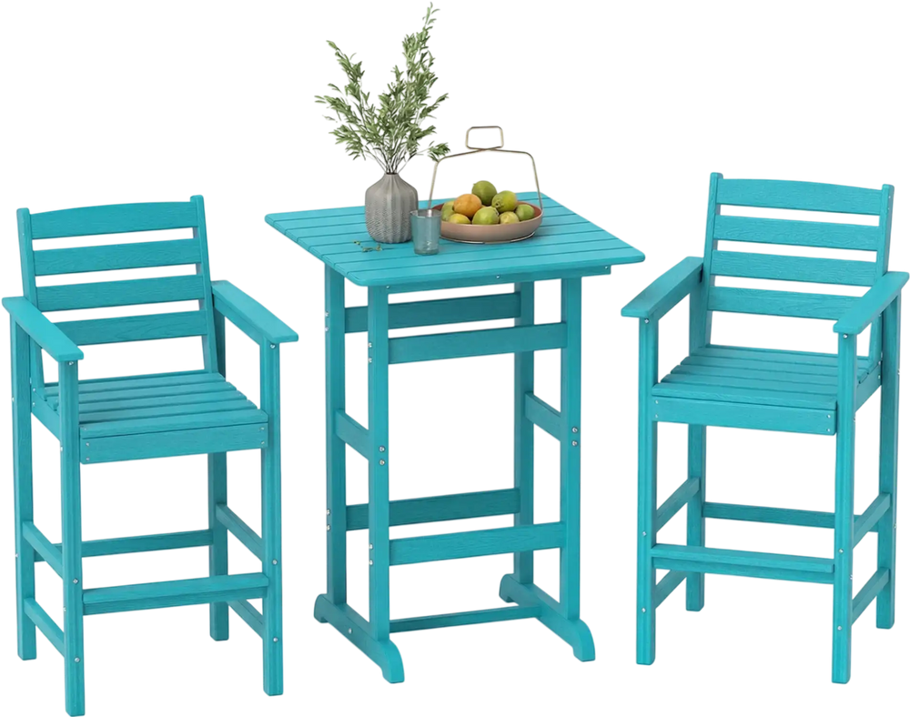 Turquoise 3-piece patio HDPE bar set with high-top table and two chairs, ideal for backyard and poolside relaxation.