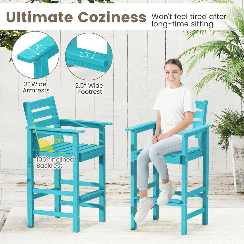 Turquoise HDPE bar chair with 105° inclined backrest, wide armrests, and footrest, ideal for backyard relaxation.