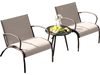 Two ergonomic wide armchairs in rustic brown with a side table, perfect for outdoor patio relaxation.