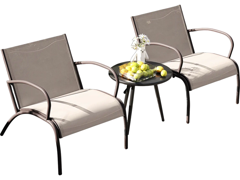 Two ergonomic wide armchairs in rustic brown with a side table, perfect for outdoor patio relaxation.