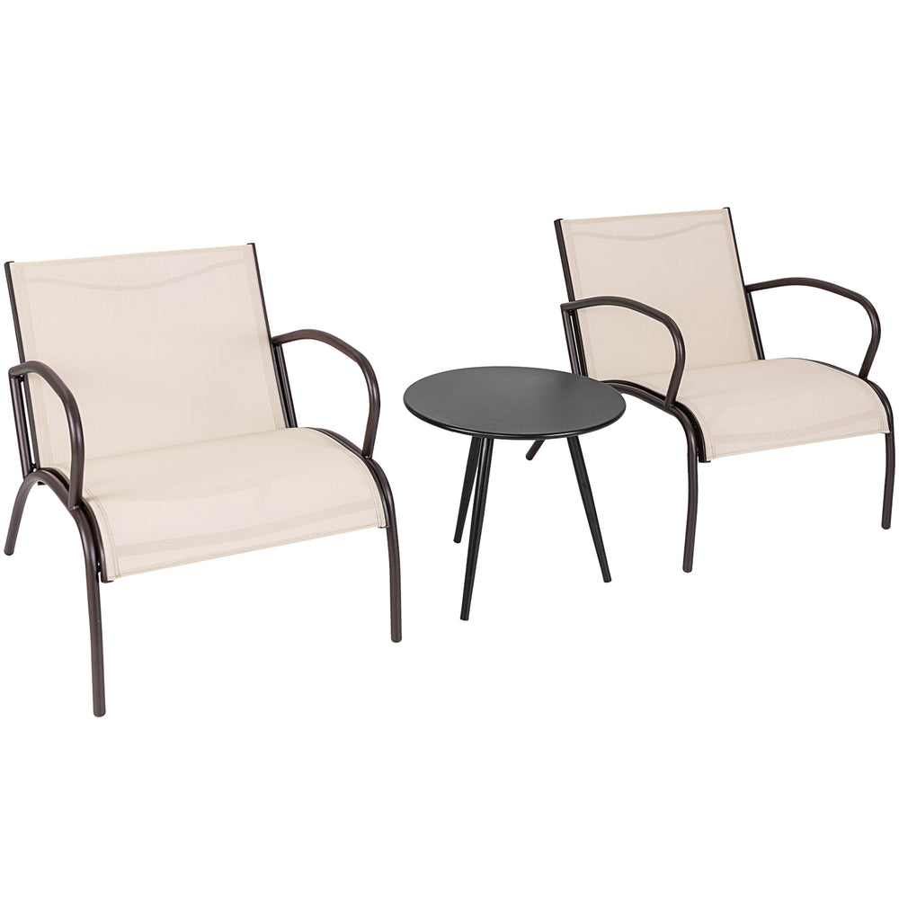 Two wide armchairs with a side table in rustic brown, made of metal and aluminum, perfect for outdoor relaxation.