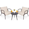 Two wide armchairs in rustic brown with a side table, perfect for outdoor relaxation by the poolside or balcony.