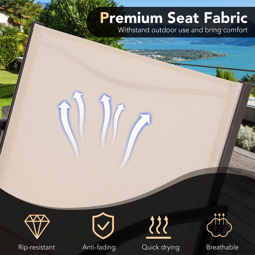 Breathable seat fabric detail of the 3 Piece Patio Metal Aluminum Wide Armchair and Table Set in rustic brown, ideal.