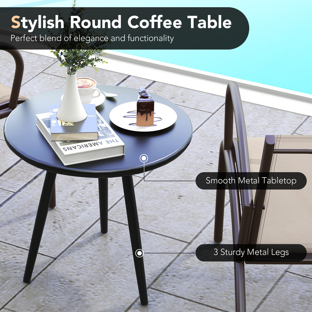 Round coffee table with smooth metal tabletop and sturdy legs, perfect for outdoor use in backyard or poolside settings.