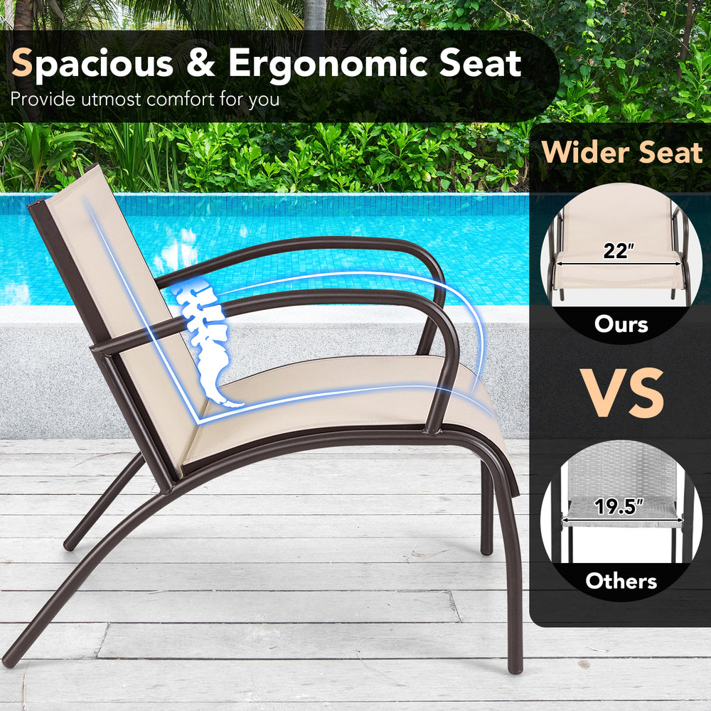 Wide armchair from the 3 Piece Patio Metal Aluminum Set in rustic brown, featuring an ergonomic seat for outdoor.