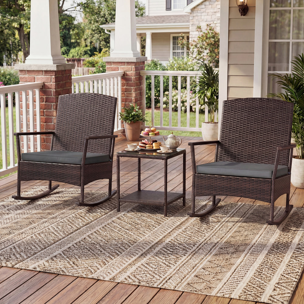 3 Piece Patio Rocking Set Wicker Rocking Chairs with 2-Tier Coffee Table-Gray - Gallery View 1 of 11