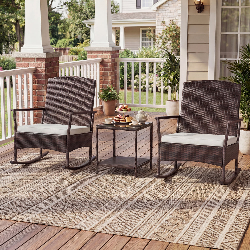 3 Piece Patio Rocking Set Wicker Rocking Chairs with 2-Tier Coffee Table-Off White - Gallery View 1 of 11