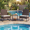 Wicker rocking chairs with off-white cushions and a double-tier coffee table, perfect for poolside relaxation.