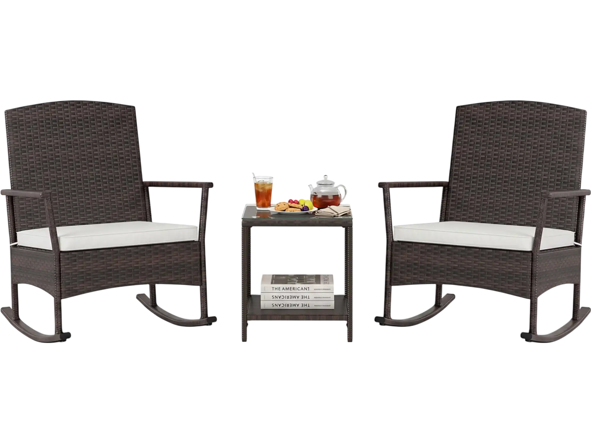 Costway 3-Piece Patio Wicker Rocking Chair Set w/ 2-Tier Coffee Table 71369485 New