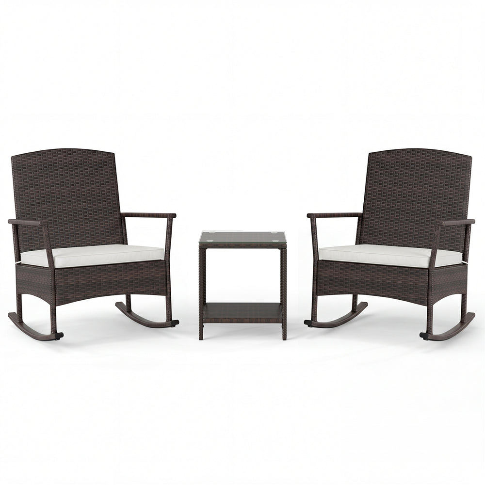 3-piece patio rocking set featuring wicker rocking chairs and a double-layer coffee table for outdoor relaxation.