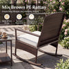 Mix brown PE rattan rocking chair with off-white cushion, designed for outdoor relaxation in patios or backyards.