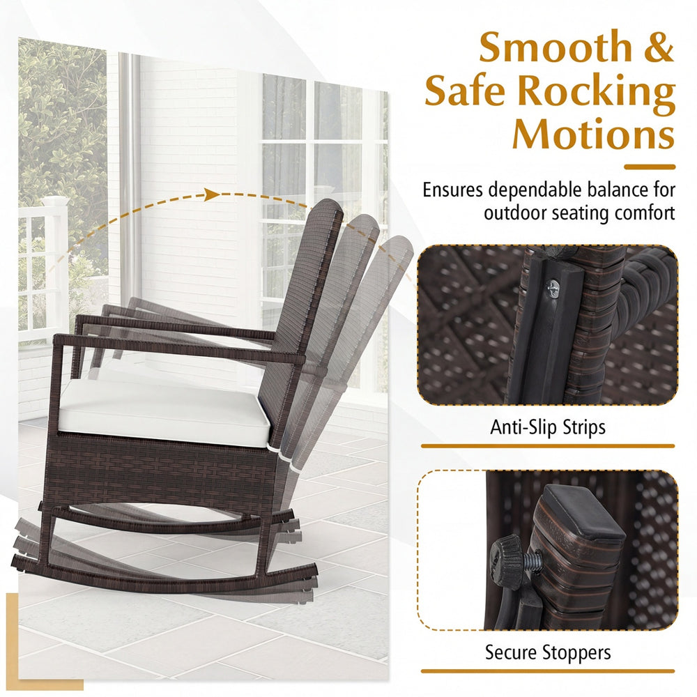 Wicker rocking chair with anti-slip pads and secure stoppers, designed for outdoor comfort and stability.