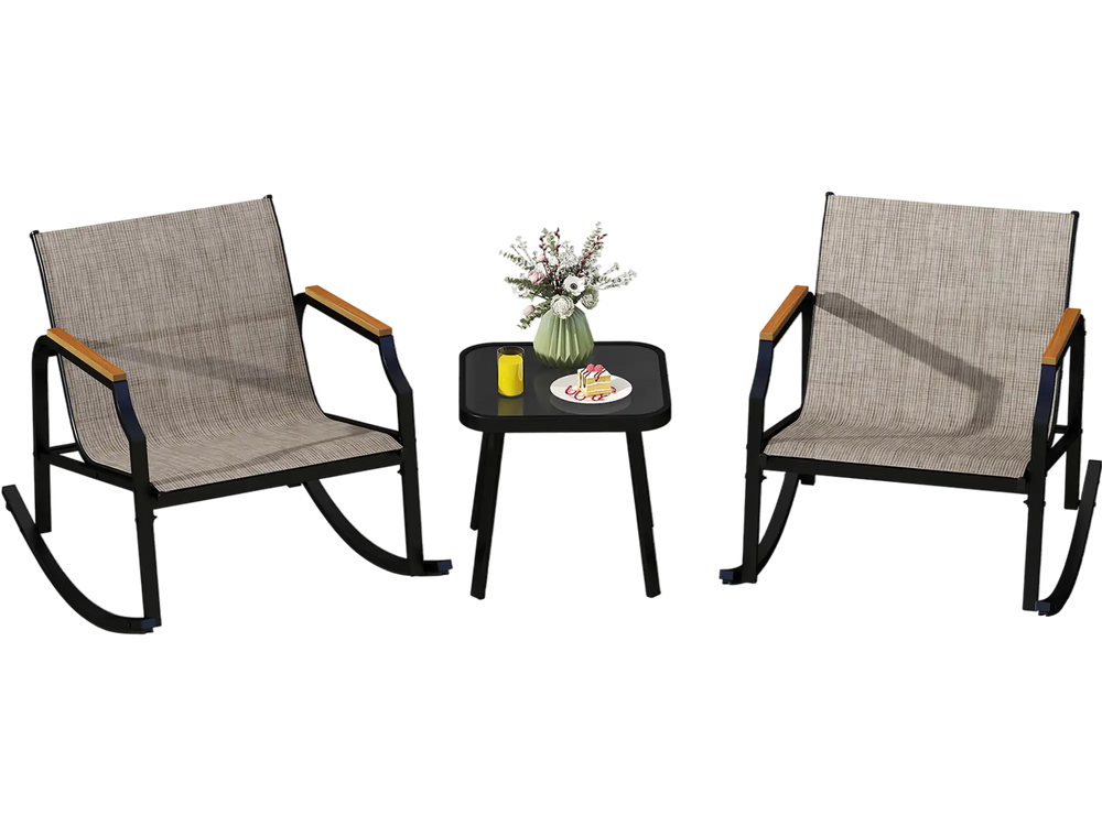 Two brown patio rocking chairs with armrests and a black tempered glass coffee table, perfect for porch relaxation.