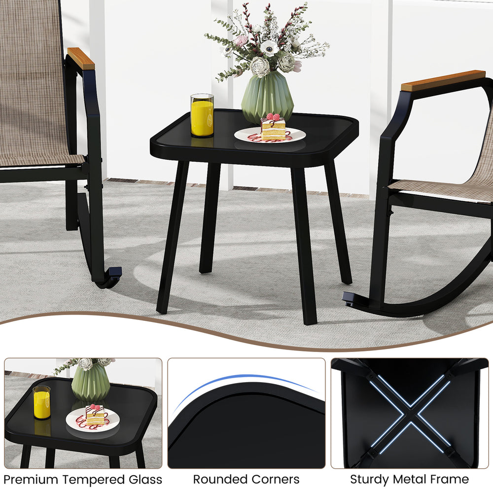 Tempered glass coffee table with sturdy metal frame and rounded corners, perfect for patio relaxation and outdoor use.