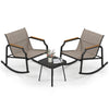 Two brown rocking chairs with wood-like armrests and a tempered glass coffee table, perfect for patio relaxation.