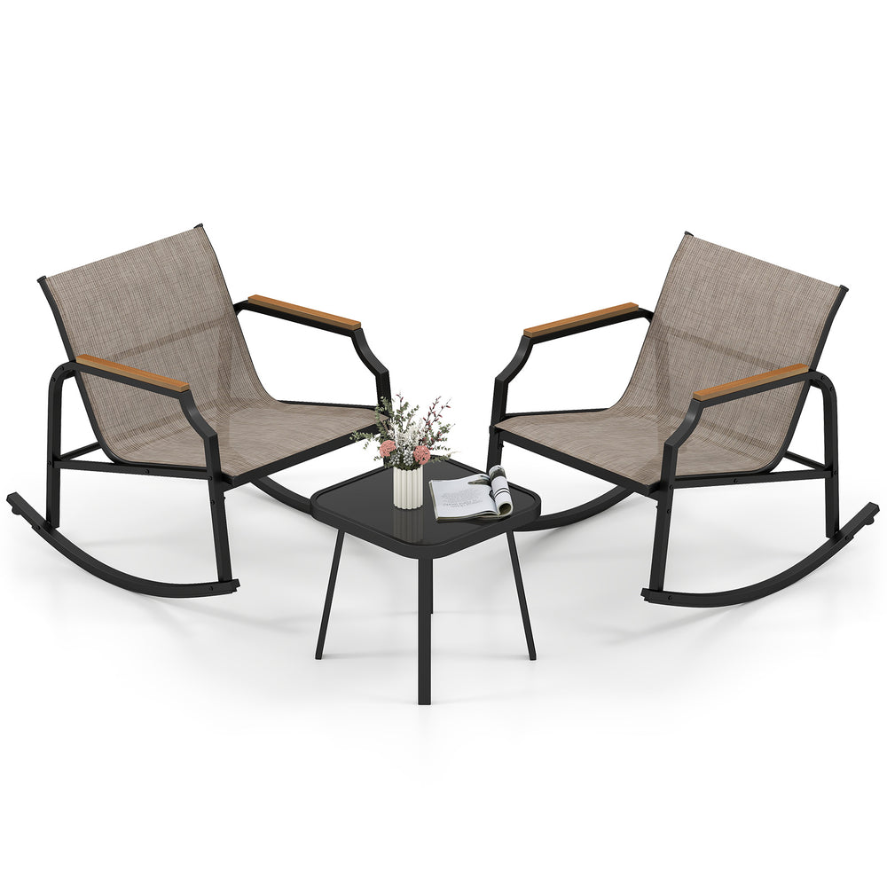 Two brown rocking chairs with wood-like armrests and a tempered glass coffee table, perfect for patio relaxation.