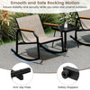 3-piece patio rocking bistro set with tempered glass table, featuring breathable fabric seats and wood-like armrests.
