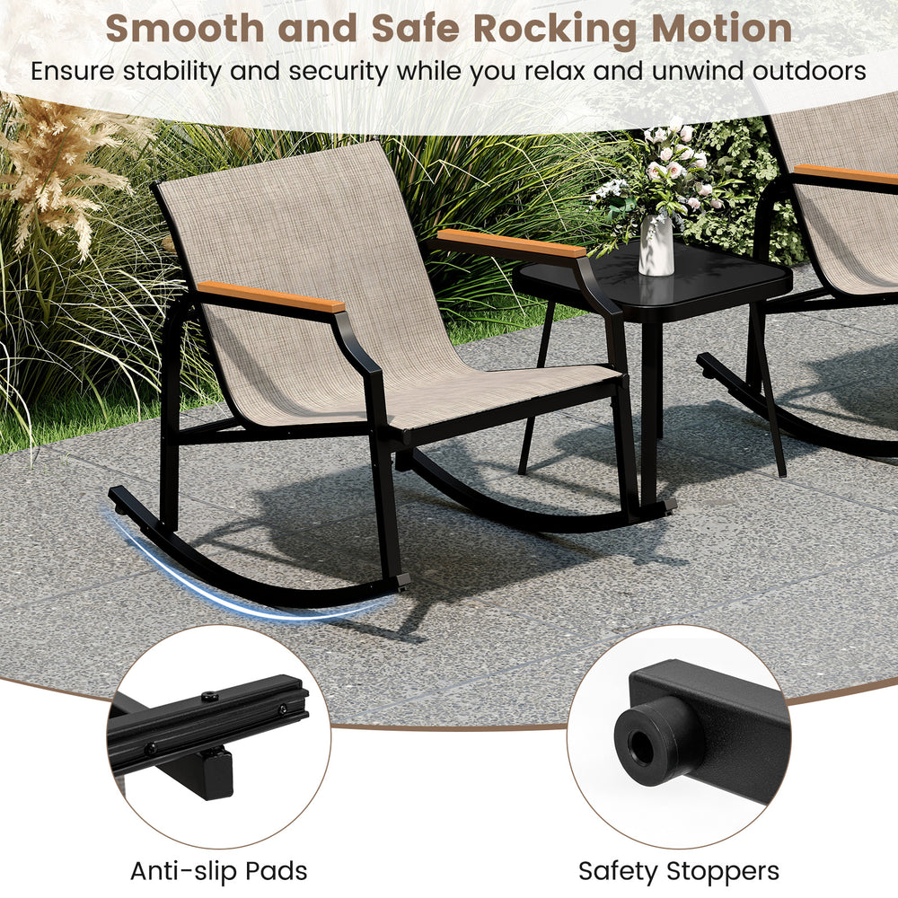 3-piece patio rocking bistro set with tempered glass table, featuring breathable fabric seats and wood-like armrests.