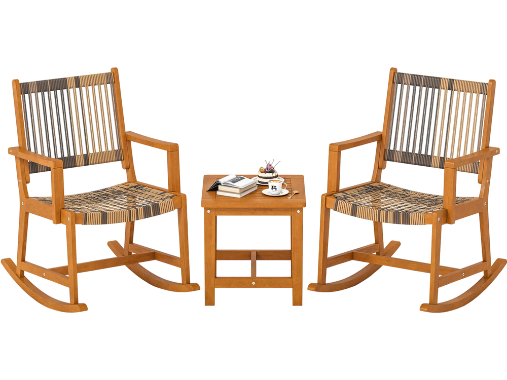 3 Piece Patio Rocking Set Acacia Wood Rocker Bistro Set with Rattan Seat and Back