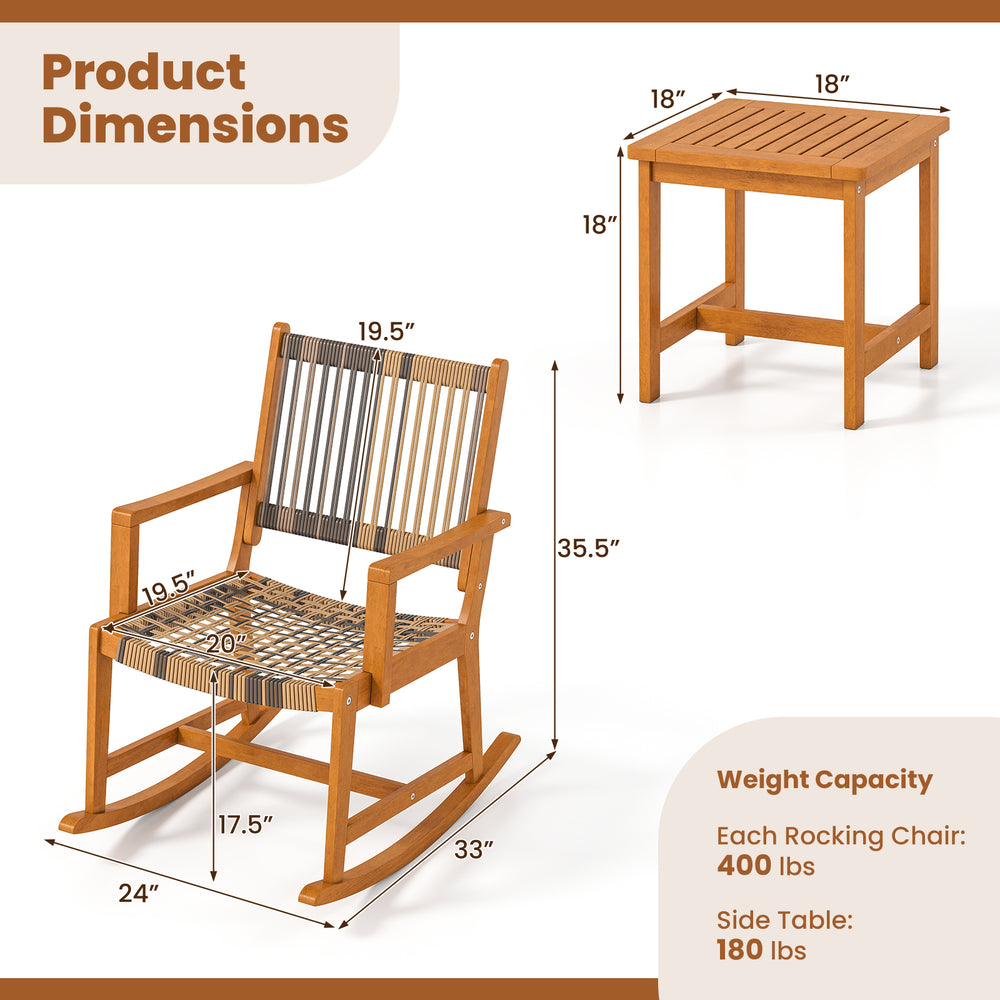 Acacia wood rocking chair with rattan seat and back, ergonomic design, ideal for backyard relaxation.