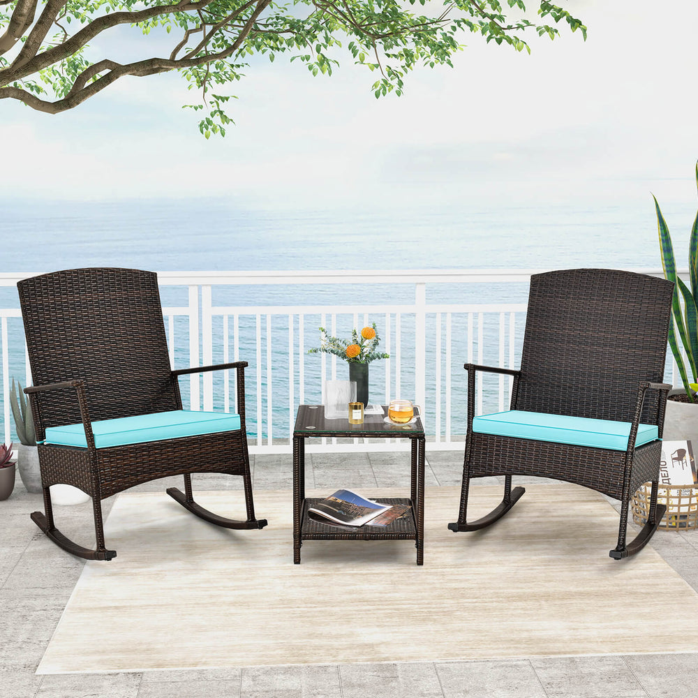 3 Piece Patio Rocking Set Wicker Rocking Chairs with 2-Tier Coffee Table-Turquoise - Gallery View 1 of 10