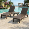 Adjustable lounger chairs with rattan side table in a 3-piece patio set, perfect for poolside relaxation.