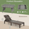 Dimensions of the 3-piece patio set featuring 2 adjustable lounger chairs and a rattan side table for outdoor use.