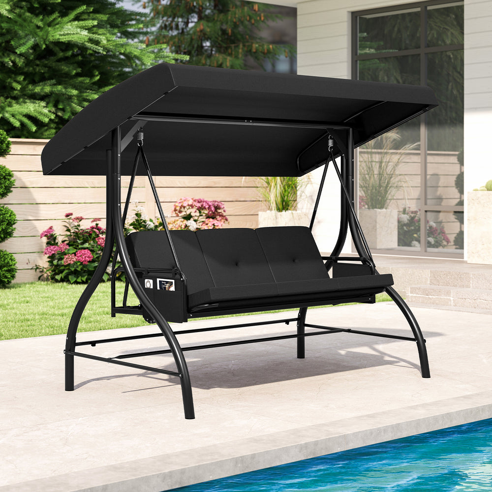 3-Piece Patio Swing with Canopy Removable Cushions and Side Pockets-Black - Gallery View 1 of 11