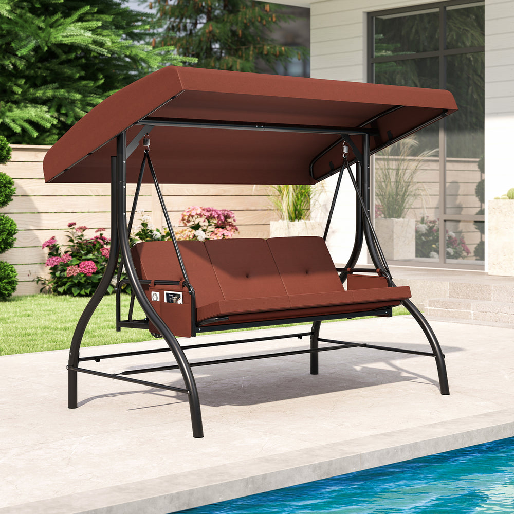 3-piece patio swing with adjustable canopy and removable brown cushions, ideal for poolside or backyard relaxation.