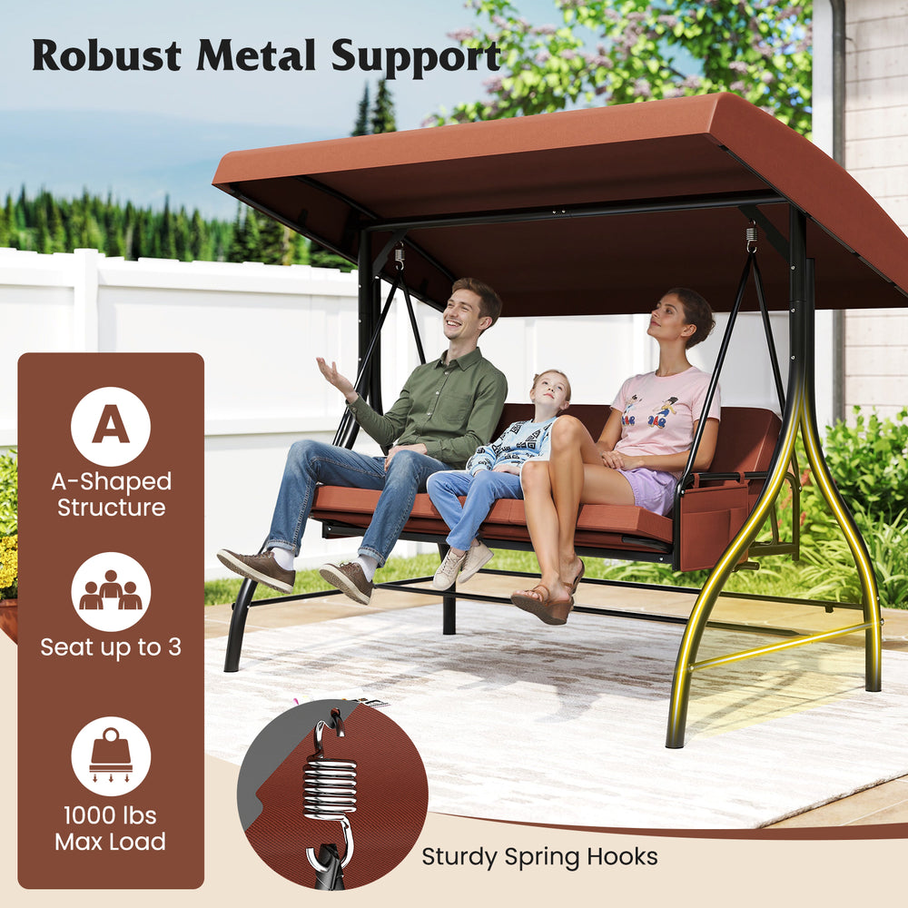 3-piece brown patio swing with adjustable canopy, removable cushions, and side pockets, perfect for backyard relaxation.