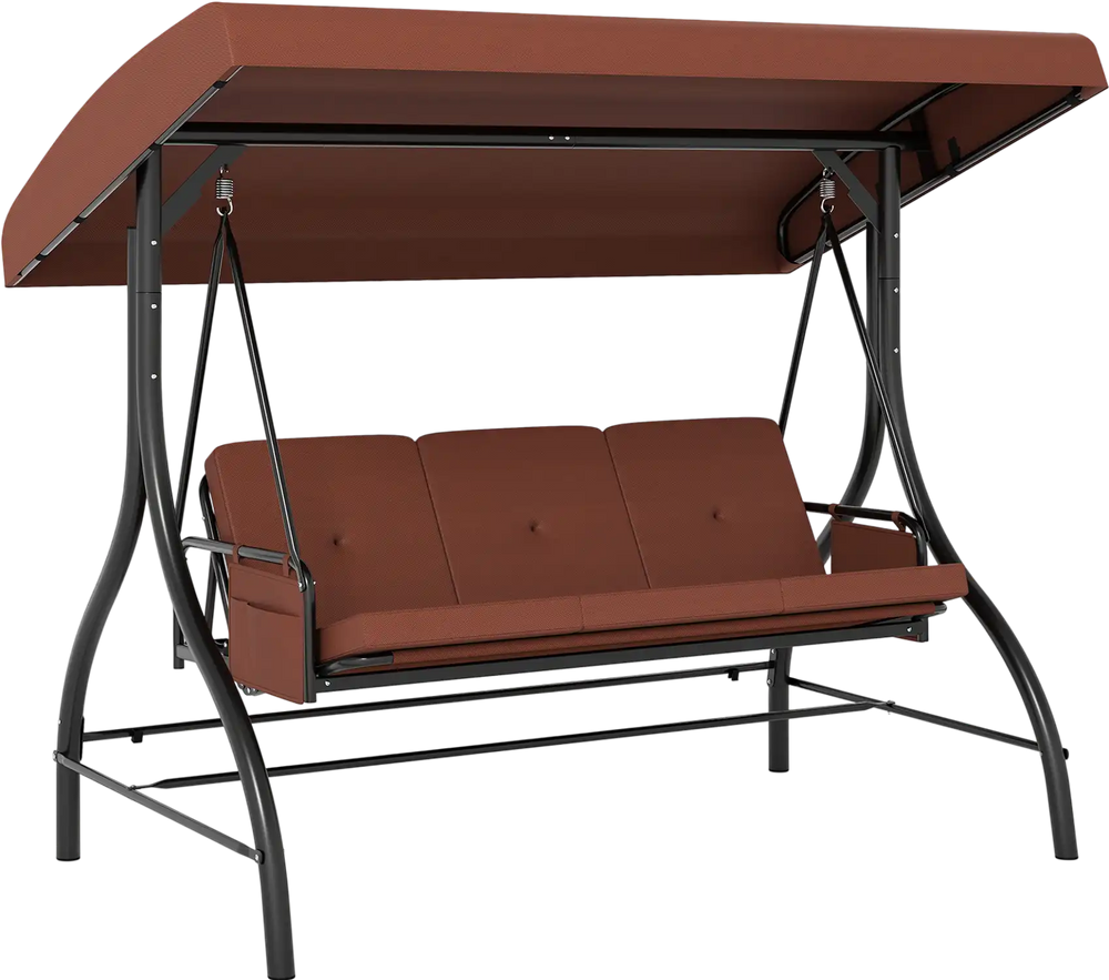 3-piece brown patio swing with adjustable canopy, removable cushions, and side pockets for backyard relaxation.