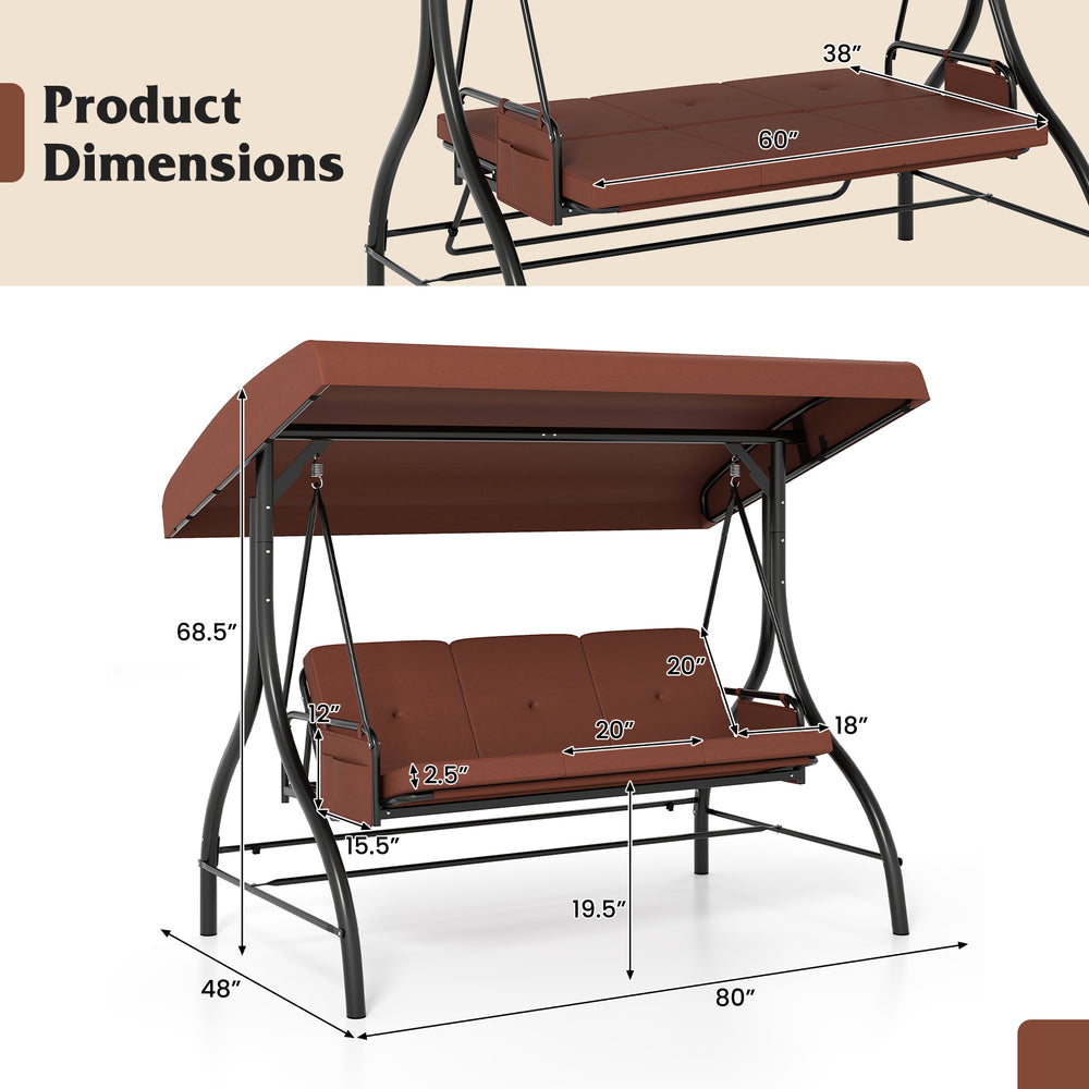 Patio swing with adjustable canopy, removable brown cushions, and side pockets, perfect for backyard relaxation.