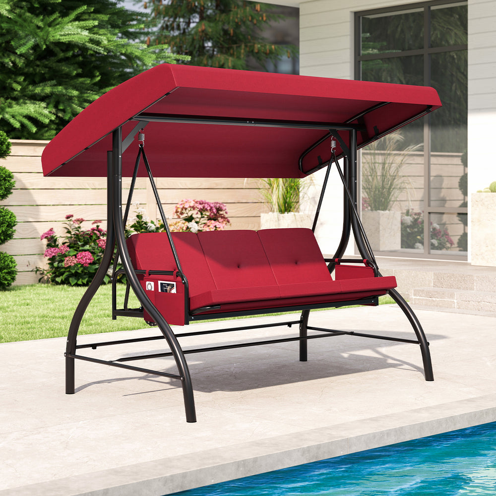 3-Piece Patio Swing with Canopy Removable Cushions and Side Pockets-Burgundy - Gallery View 1 of 11